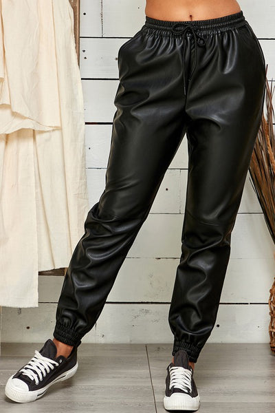 Faux Leather Joggers With Drawstring Waist Black
